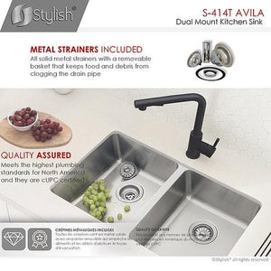30 in Dual Mount Double Bowl Kitchen Sink, 18 Gauge Stainless Steel with Standard Strainers, by Stylish S-414T Avila