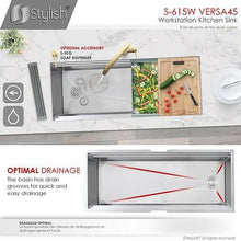 Load image into Gallery viewer, 45 inch Ledge Workstation Single Bowl Undermount 16 Gauge Stainless Steel Kitchen Sink with Built in Accessories, by Stylish S-615W Versa45