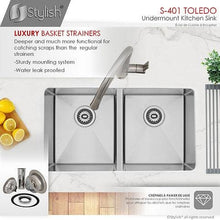 Load image into Gallery viewer, 31 in Undermount Double Bowl Kitchen Sink, 18 Gauge Stainless Steel with Standard Strainers, by Stylish S-401 Toledo