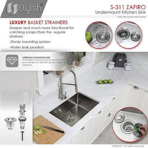 Zafiro 30 in Single Bowl Kitchen Sink, 16 Gauge Stainless Steel with Grid and Basket Strainer, by Stylish
