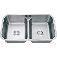 Load image into Gallery viewer, Builders Collection 18g Standard Radius 50/50 Low Divide Double Bowl Undermount Stainless Steel Kitchen Sink