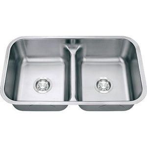 Builders Collection 18g Standard Radius 50/50 Low Divide Double Bowl Undermount Stainless Steel Kitchen Sink