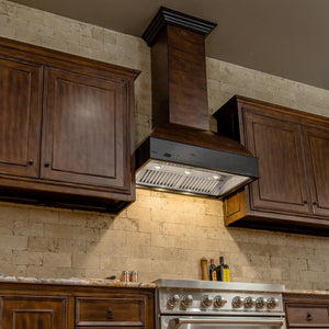 ZLINE 36" Wooden Wall Mount Range Hood in Antigua and Walnut - Includes Dual Remote Motor